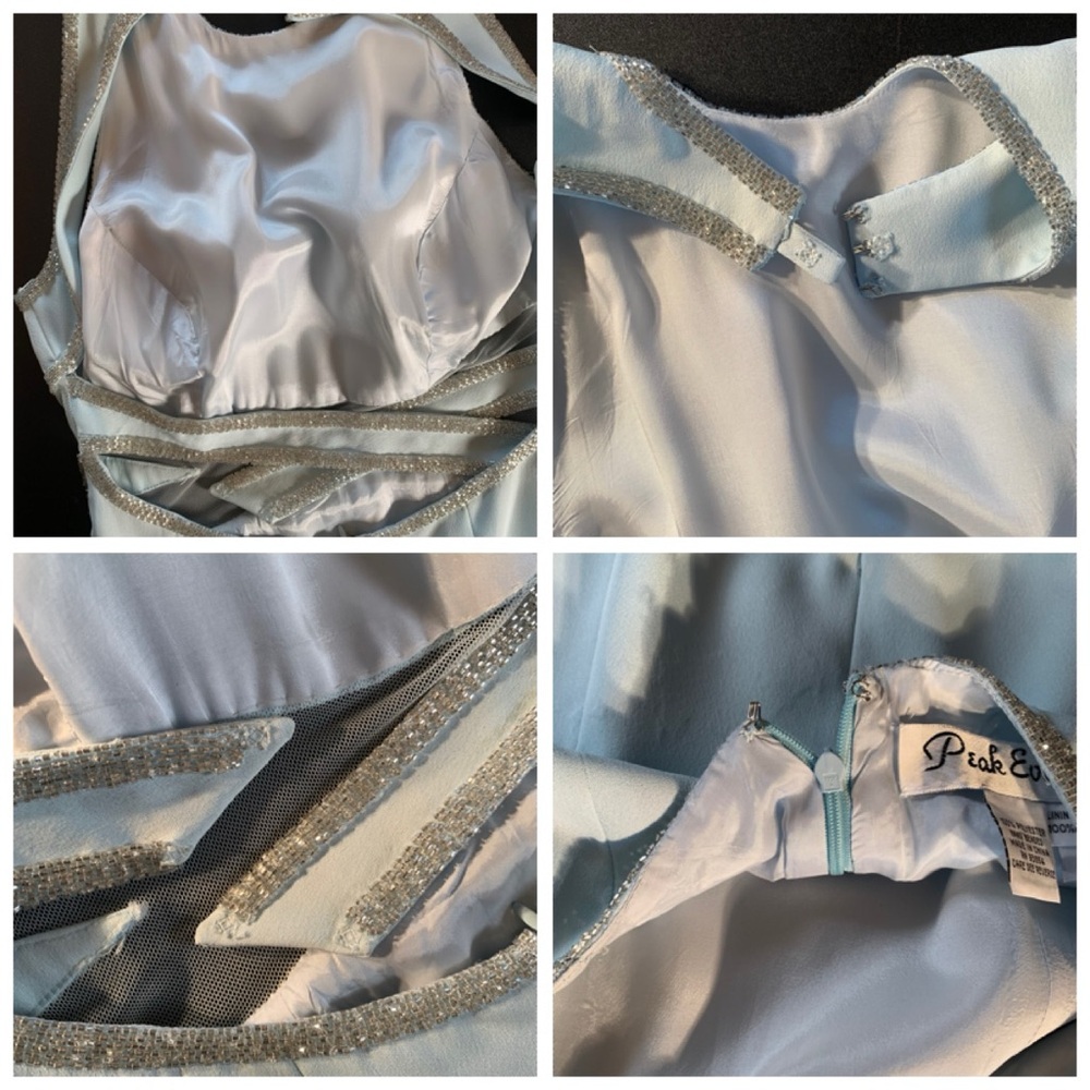 Peak Evenings Sky Blue Sleeveless Formal Evening Gown With Mesh Midriff. - Picture 14 of 15